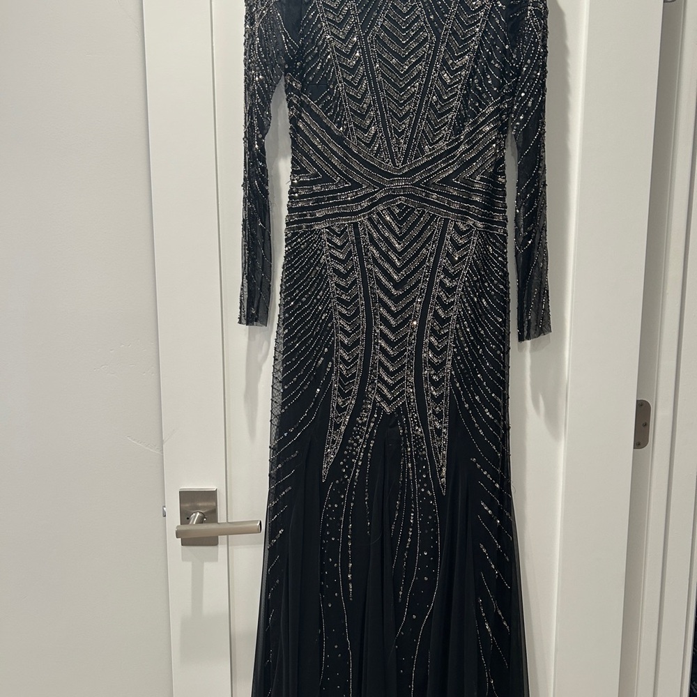 Adrianna Papell Black and Silver Embellished Long Sleeve Gown